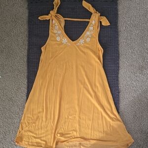 Yellow Sleeveless Dress with Floral Embroidery